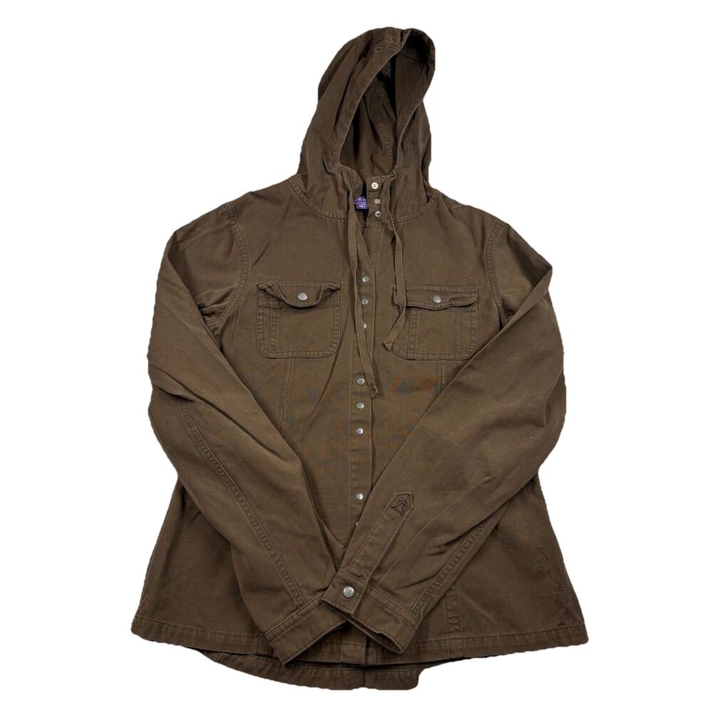 Ibex Hooded Utility Jacket Snap Up Womens M Brown Organic Cotton